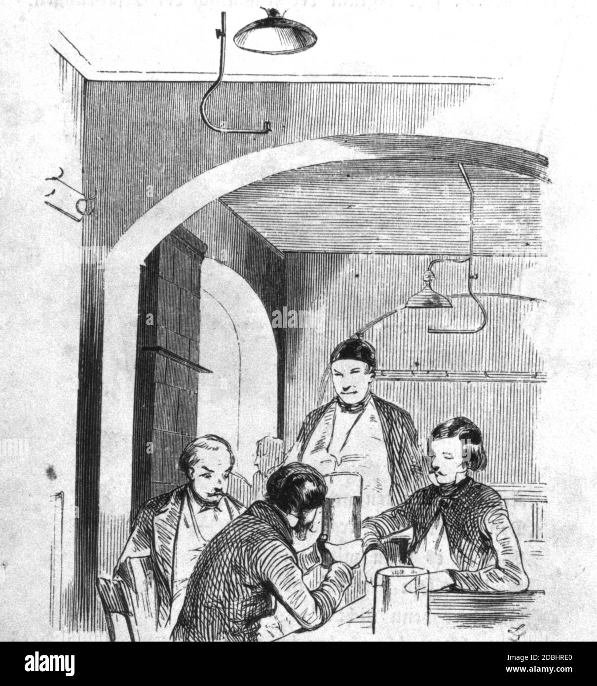 This drawing, created around 1840, shows the first gas-cut burners in one of the largest wheat beer pubs in Berlin, which caused a great stir at the time. Stock Photo
