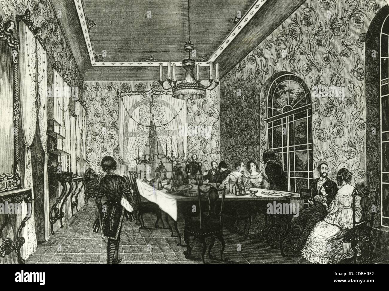 The engraving shows an evening party in the Renaissance Hall of the Kroll Etablissement (later Kroll Opera) in Berlin-Mitte, which was newly opened in 1844. Stock Photo