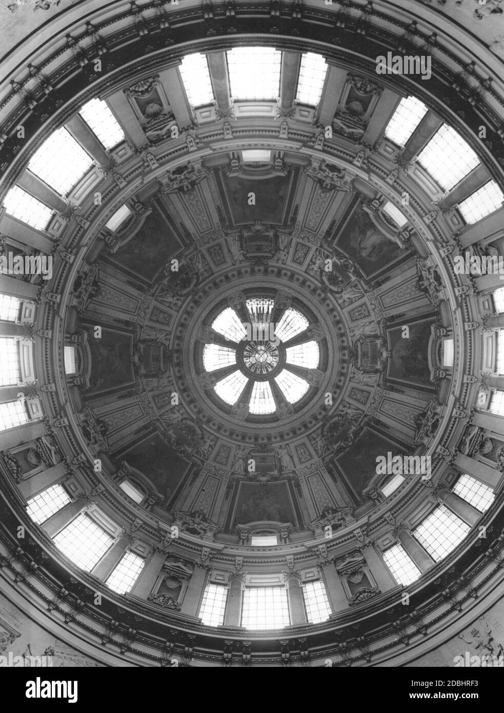 The photograph from 1932 shows the dome of the Berlin Cathedral seen from below. Stock Photo
