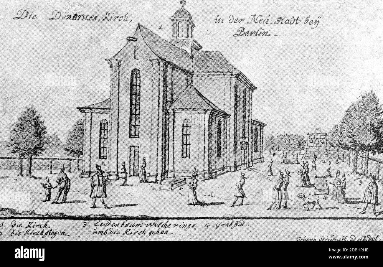 The drawing by Johann Stridbeck the Younger, shows the Dorotheenstaedtische Church in Berlin in 1690. Stock Photo