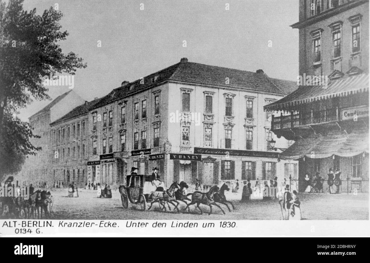 This lithograph, created around 1830, shows the boulevard Unter den Linden at the Kranzler-Ecke (named after the confectionery at the corner with Friedrichstrasse) in Berlin. Stock Photo