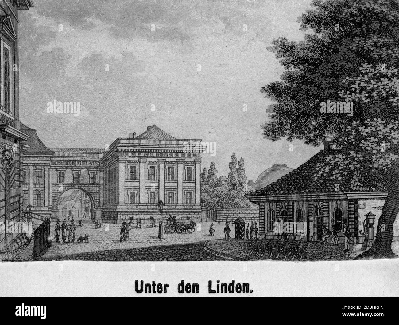 This undated drawing, made in the first half of the 19th century, shows the street Unter den Linden in Berlin with a guardhouse and soldiers (right). Stock Photo