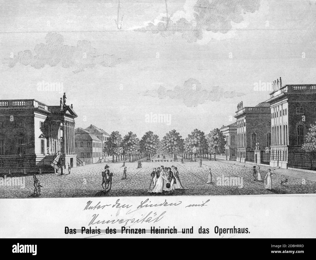This drawing from the first half of the 19th century shows the boulevard Unter den Linden in Berlin with the Humboldt University (right) and the State Opera (left). Stock Photo