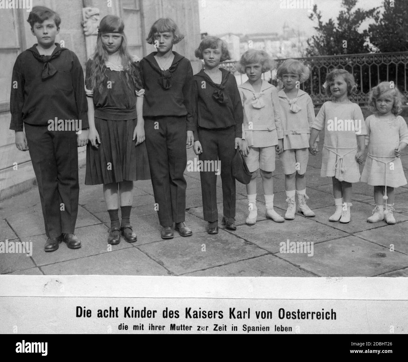 The children of Karl and his wife Zita of Austria, from left: Franz Josef Otto, Adelheid, Robert Karl Ludwig, Felix Friedrich, Carl Ludwig, Rudolph Syringus, Elisabeth Charlotte and Charlotte von Habsburg. Stock Photo