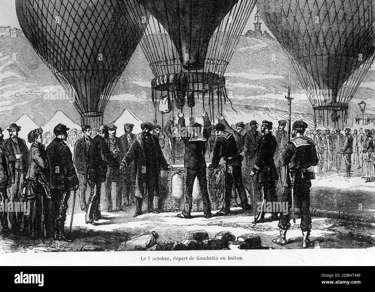 The French Minister of the Interior Leon Gambetta leaves Paris on 07.10.1870 with a balloon to organize the relief of the city (engraving). Stock Photo