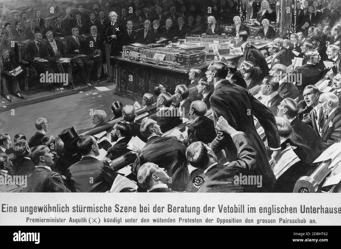 Prime Minister Herbert Henry Asquith (standing to the left) announces the so-called Pairsschub (creation of new peers) in the English House of Commons under furious protests from the opposition (drawing). Stock Photo