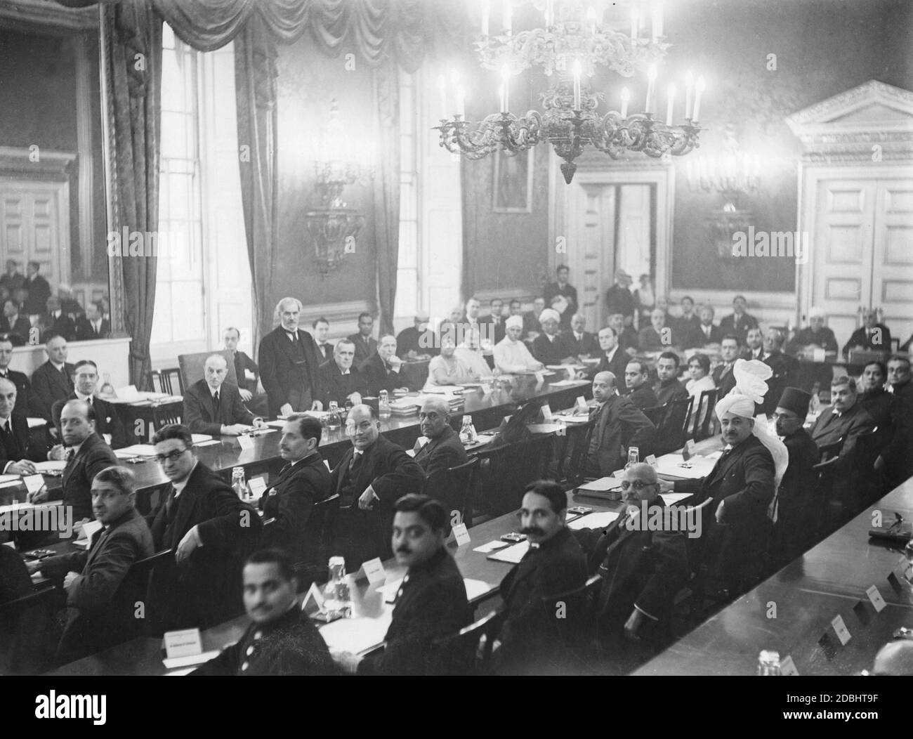 Prime Minister Ramsay MacDonald speaks at the Second Round Table Conference at St. James's Palace in London. Stock Photo