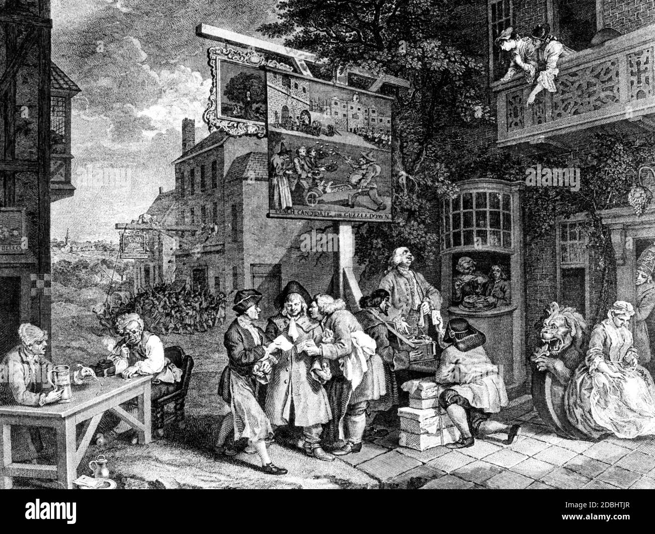 'The engraving ''''Canvassing for Votes'' from the series ''The Humours of an Election'' by the English draughtsman William Hogarth from 1757 shows the corruption that was common at the time as an element of the parliamentary system. (undated photo)' Stock Photo