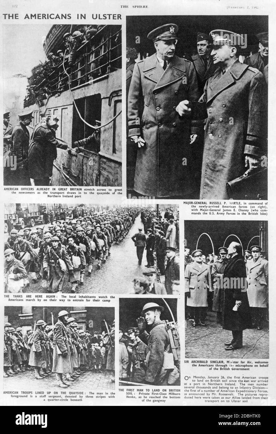 US military establishment in Great Britain. Top right: Major General James E. Chaney (left) and Major General Russell P. Hartle (right) in conversation. Below: The British Secretary of State for Aviation Archibald Sinclair welcomes the US soldiers on their arrival. The remaining photos show the arrival of US troops in Ulster, Northern Ireland. Stock Photo