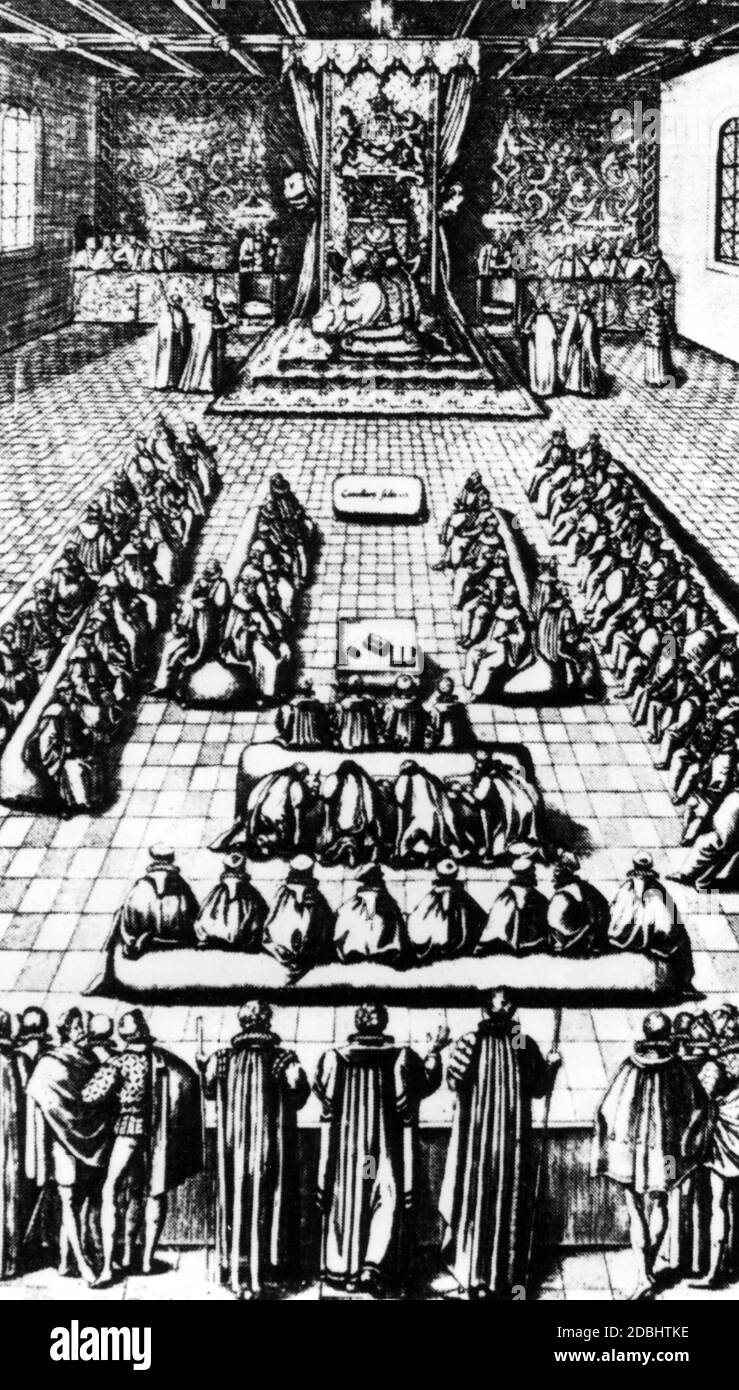 Depiction of the beginnings of the English parliament in Westminster in 1547 (undated photo). Stock Photo