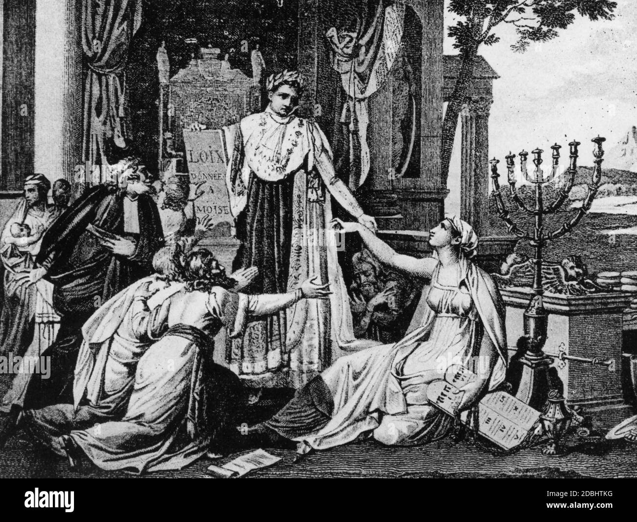 Two years after his coronation as emperor, Napoleon I legalized the right of Jews to practice their religion in France in a legislative act. This was a reaction to the anti-Semitic hate campaigns in France. The picture shows a contemporary engraving, allegorically depicting Napoleon as protector of the Jews. Stock Photo