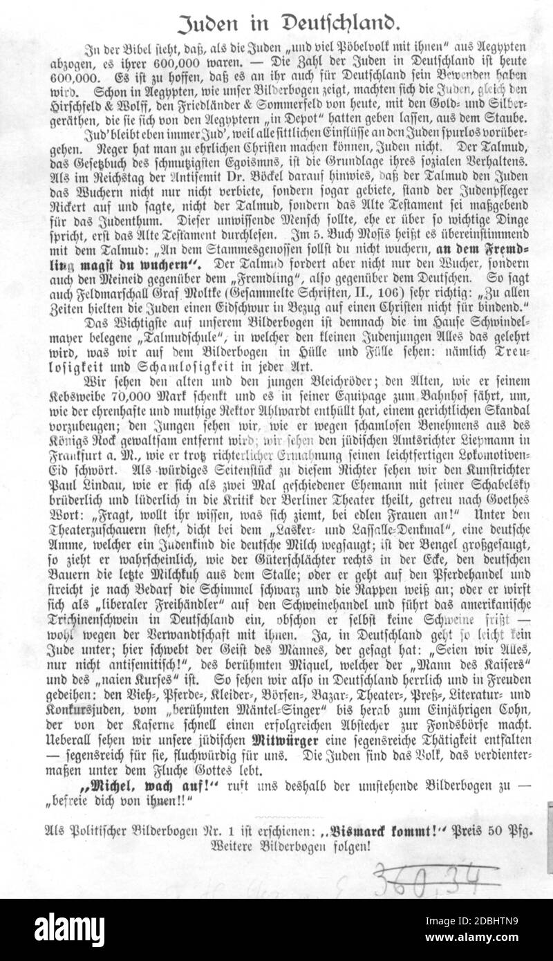 'The accompanying text to ''Bismarck kommt!'' (''Bismarck is coming!''), the first edition of the anti-Semitic cartoon series, ''politischer Bilderbogen'' (''political illustrated broadsheet'') This text is intended to warn the German people against the Jewish conspiracy. The Jews are accused of having already taken all valuables with them when they left Egypt and that the Talmud offers them the right to proliferate. Some Jews, sympathizers and their ''infamous deeds'' are presented using strong anti-Semitic resentments, like Bleichroeder or Liepmann. It is further written that the German Stock Photo