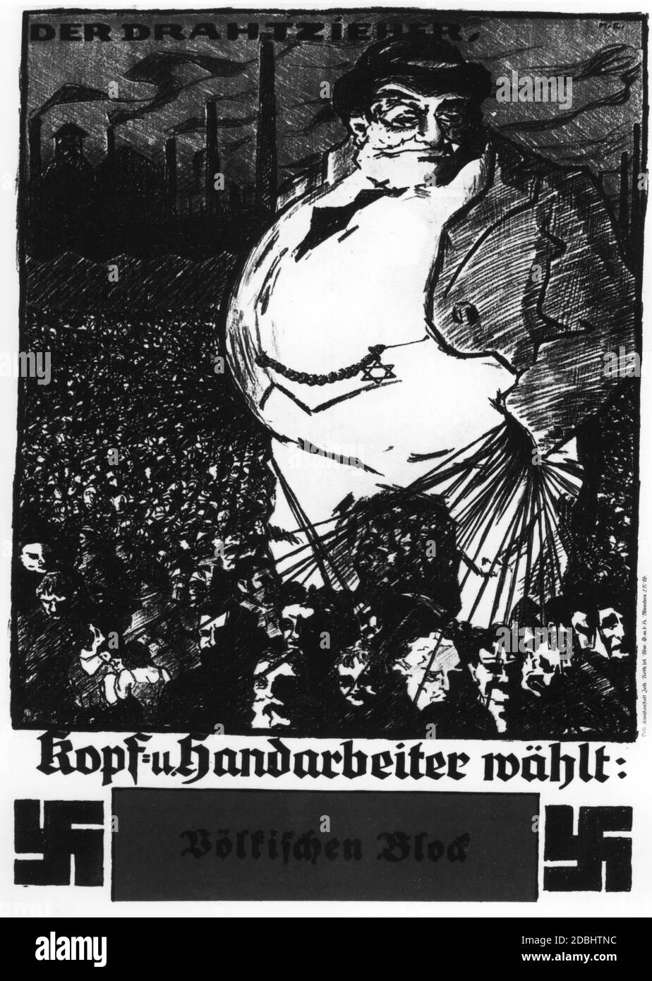 During Hitler's imprisonment in the fortress, the socialist group around the Strasser brothers gained influence within the National Socialists. Accordingly, the Jew appears here as a wealthy, capitalist exploiter and puppeteer, instead of as the leader of the Socialist world conspiracy. Stock Photo