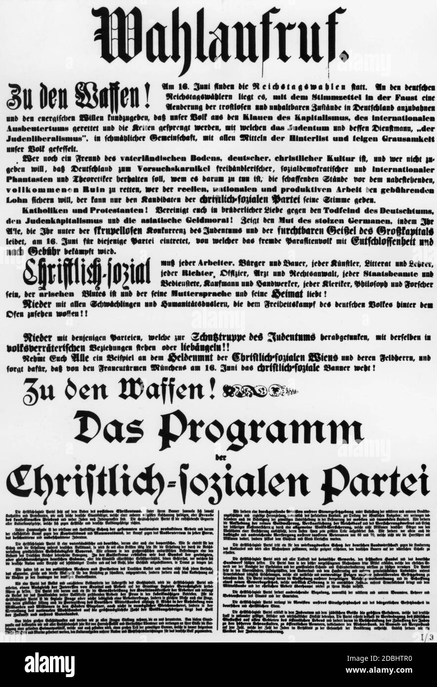 'An election appeal by the anti-Semitic Christian Social Party, which culminated in the German National People's Party (''Deutschnationale Volkspartei'') They saw themselves as a countermovement to Marxist socialism and usually referred to the Protestant court preacher Adolf Stoecker in Berlin or Catholic mayor Karl Lueger in Vienna. After the emancipation of the Jews, German entrepreneurs felt threatened by the Jewish competition, in addition to the romantic-Voelkish ideas of this party. In this anti-Semitic election appeal, voters are urged to vote in the Reichstag elections against the Stock Photo