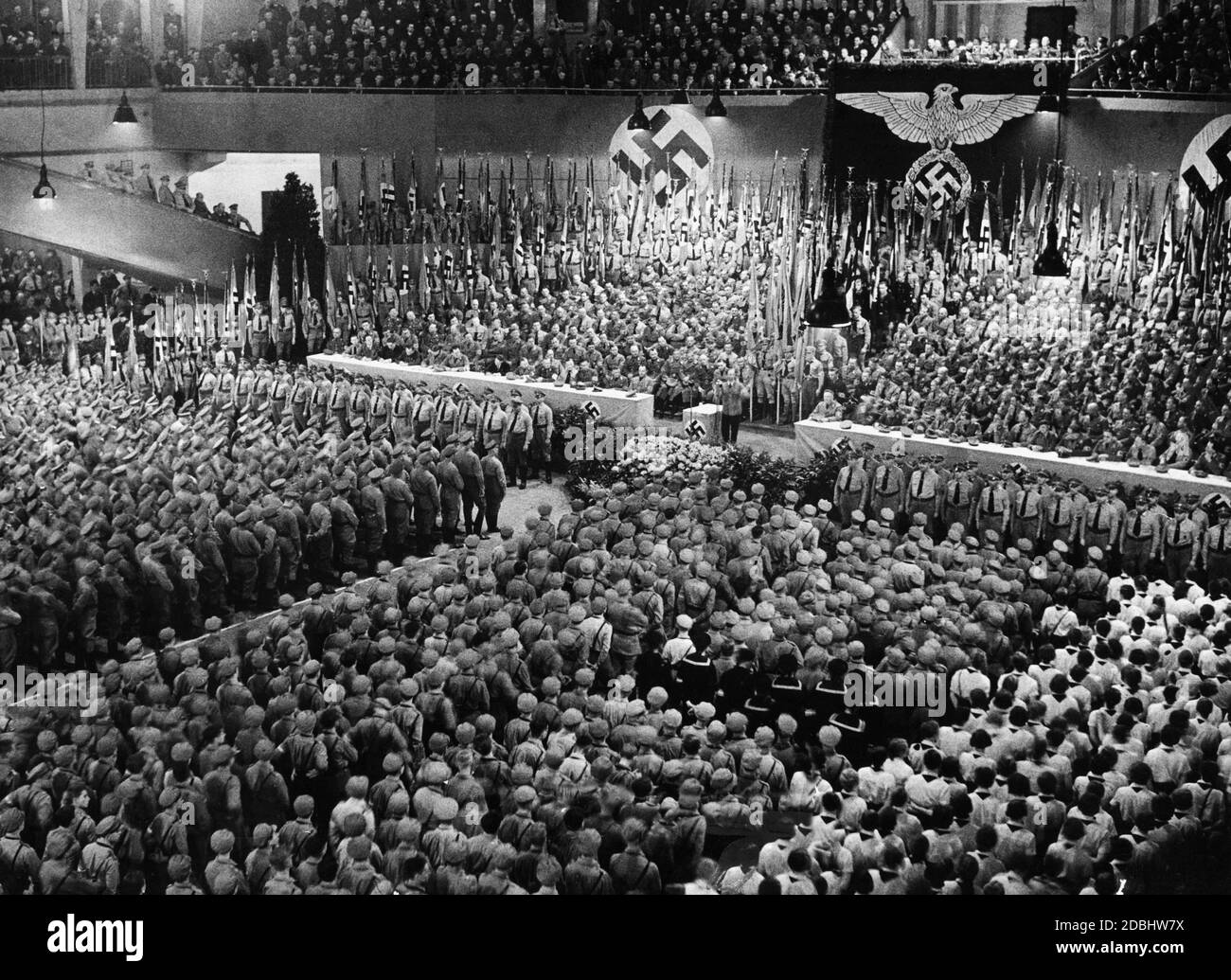 View of the Berlin Sportpalast during Joseph Goebbels' speech, which was followed by the swearing-in ceremony and was broadcast from Munich. Stock Photo
