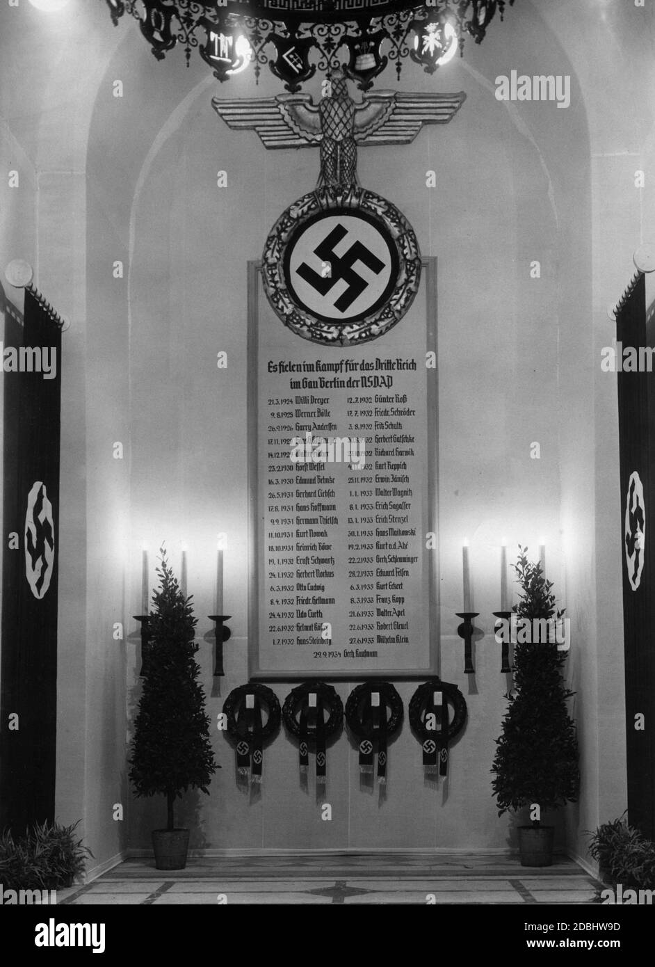 'View into the hall of honour of the exhibition ''10 Jahre Kampf um Berlin'' (''10 Years of Struggle for Berlin'') on the occasion of the tenth anniversary of the Gau Berlin of the NSDAP in the City Hall of Berlin.' Stock Photo