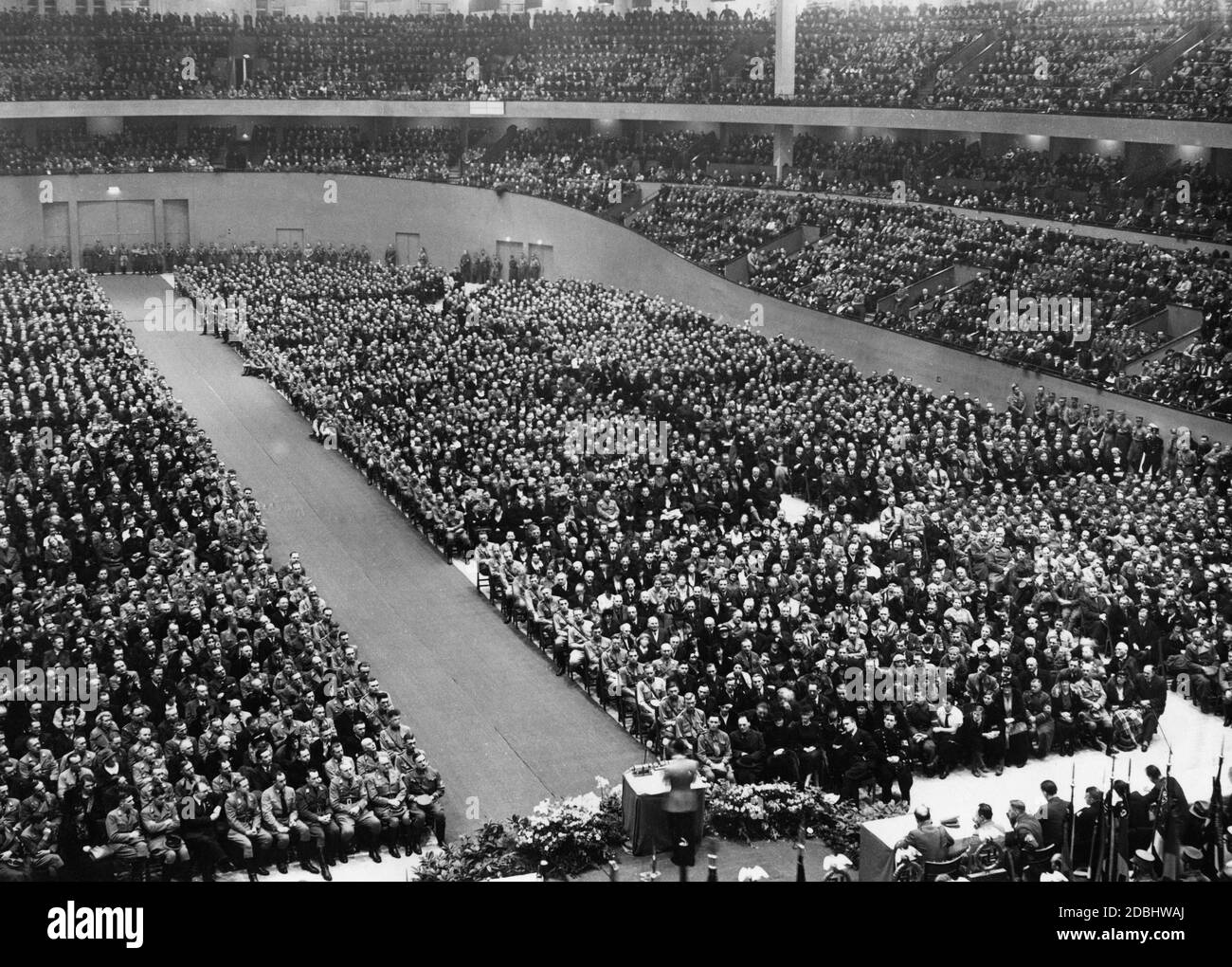 Overview of the Deutschlandhalle in Berlin during Joseph Goebbels' speech at the Gautag of the Gross-Berlin Gau of the NSDAP. Stock Photo