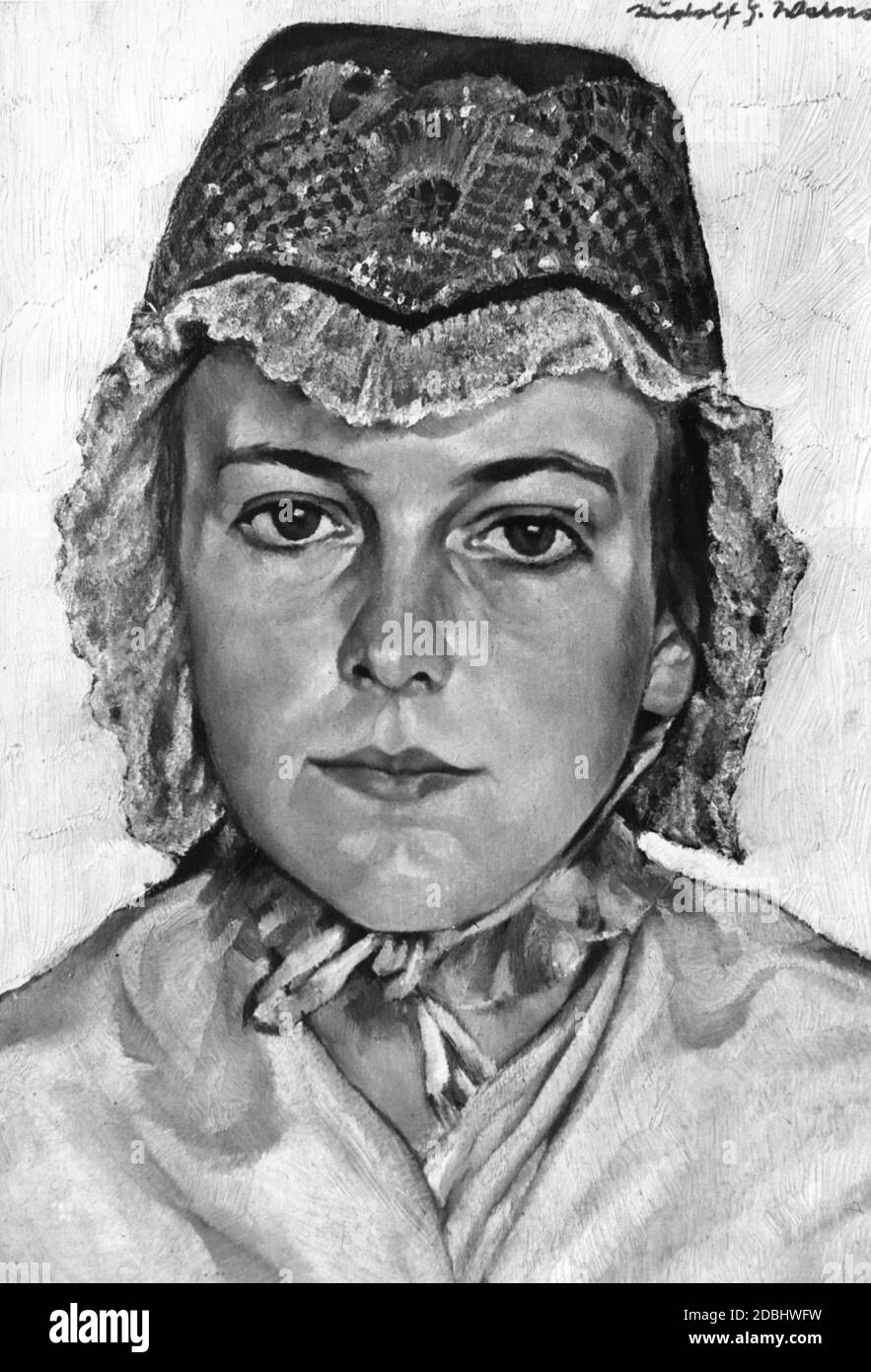 'The painting ''Maedchen mit schlesisscher Haube'' by Rudolf G. Werner from Lichterfelde. A portrait of a young woman wearing a Silesian folk costume.' Stock Photo