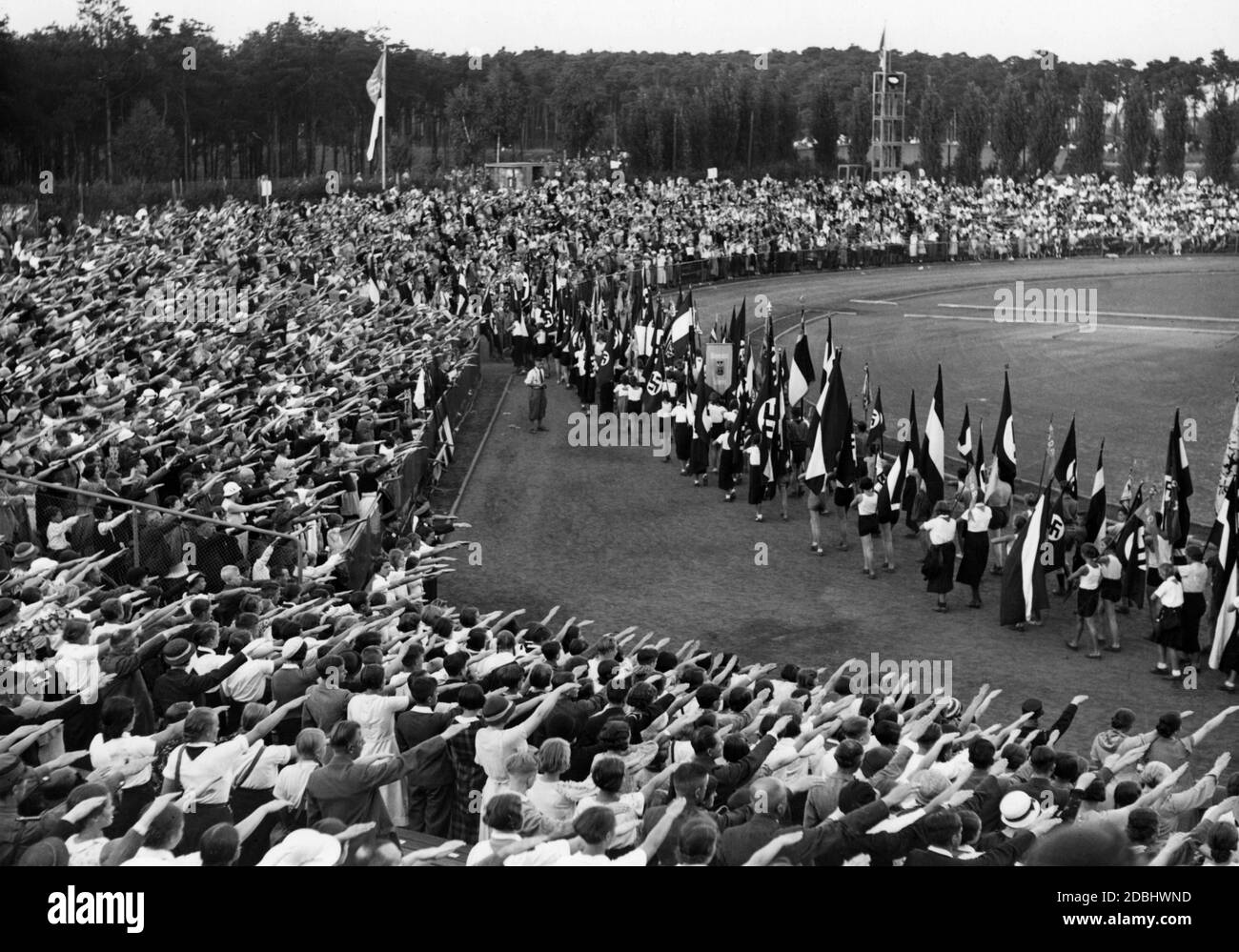 View of the march of flag delegations on the Tag des Deutschen Volkstums at the Berlin SCC stadium. Stock Photo
