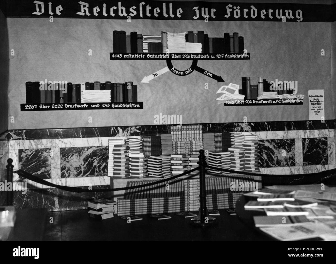 'A stand at the exhibition ''Ewiges Deutschland'' (Eternal Germany) in the Prussian State Library in Berlin, which shows the type and number of evaluations issued so far by the Reich Office for the ''Promotion of German Literature''.' Stock Photo