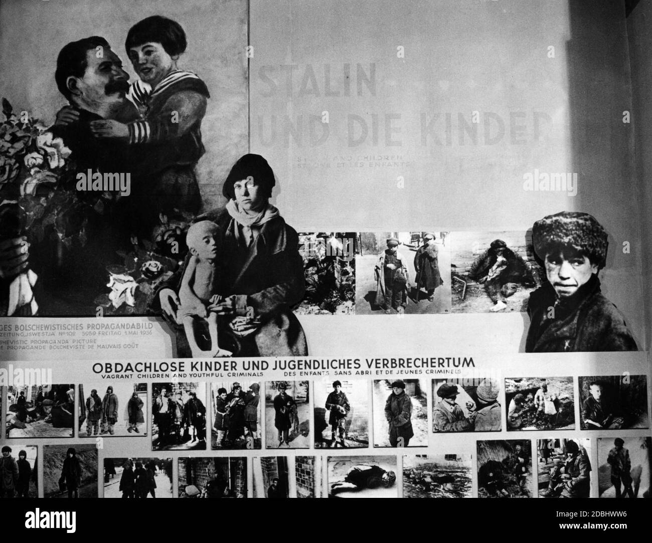 'The exhibition entitled ''Der Bolschewismus'' (Bolshevism) organized by the Comintern in Berlin. The National Socialist exhibition organizers propagandistically juxtaposed propaganda pictures showing Stalin with children and staged pictures of young homeless people.' Stock Photo