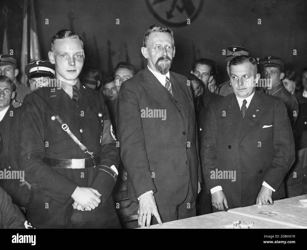 The Rector of the Berlin University Prof. Dr. Eugen Fischer (center) with the Leader of the German Student Union and of the NSDStB Dr. Oskar Staebel (right) and the Leader of the Berlin Student Union von Hadeln (left in uniform) at the students' appeal. Stock Photo