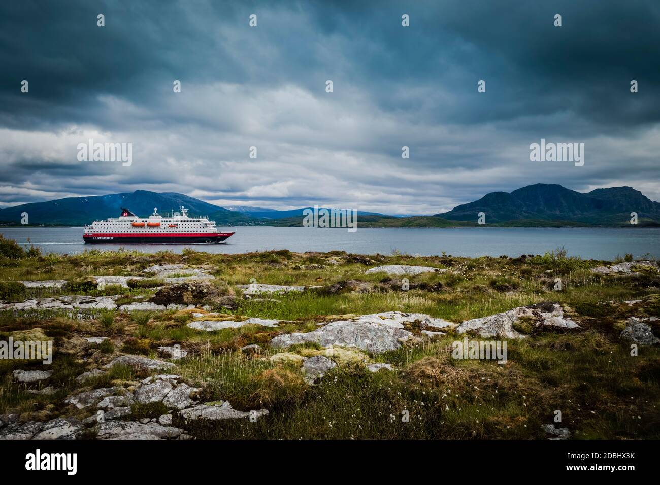 Hurtigruten cruise ship passing Bronnoysund, Norway Stock Photo