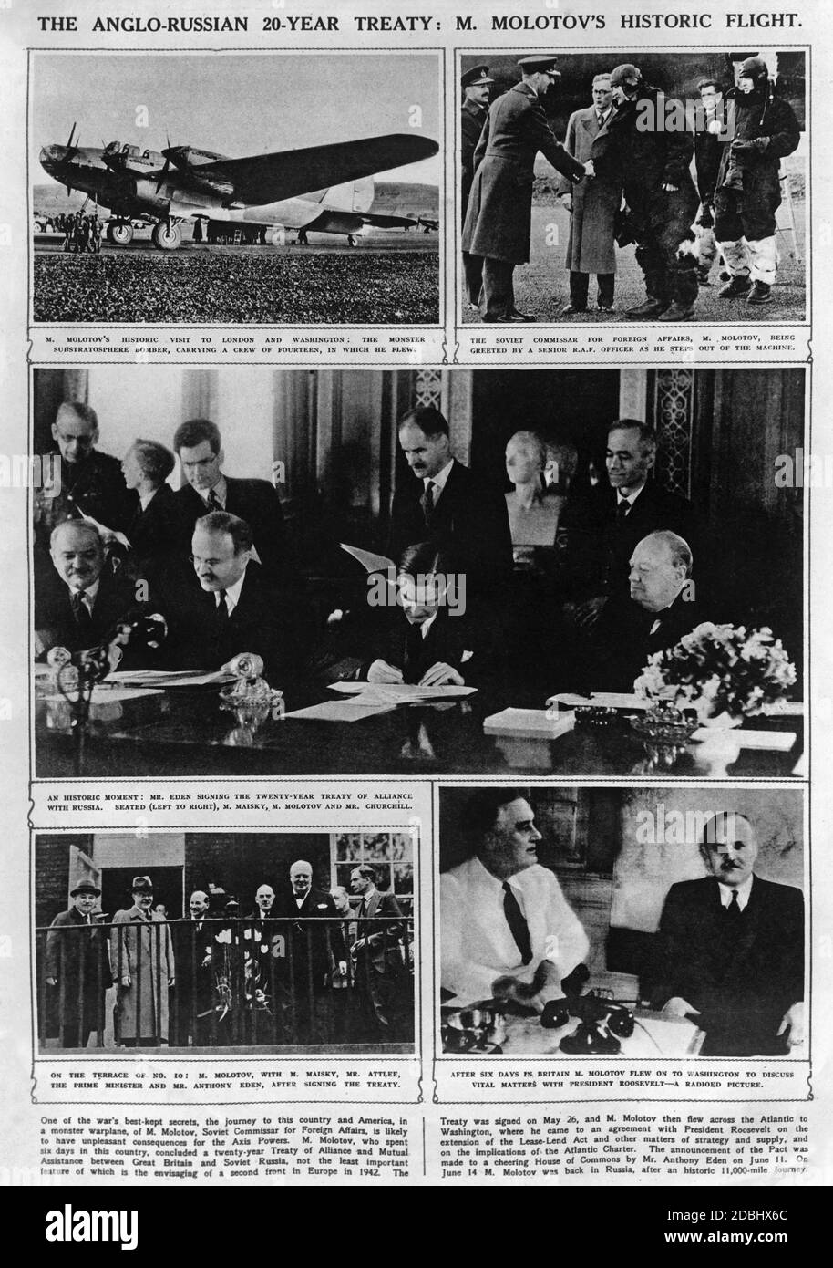 Upper left: Molotov's plane, upper right: Molotov is welcomed at the airfield by a British Air Force officer, in the middle: Maisky, Molotov, Attlee and Churchill signing the 20-year peace treaty between the Soviet Union and Great Britain as part of the anti-Hitler coalition. Below left: Maisky, Molotov, Attlee, Churchill and Eden on the balcony of Downing Street 10, below right: Roosevelt and Molotov before the latter's departure for Moscow. Stock Photo