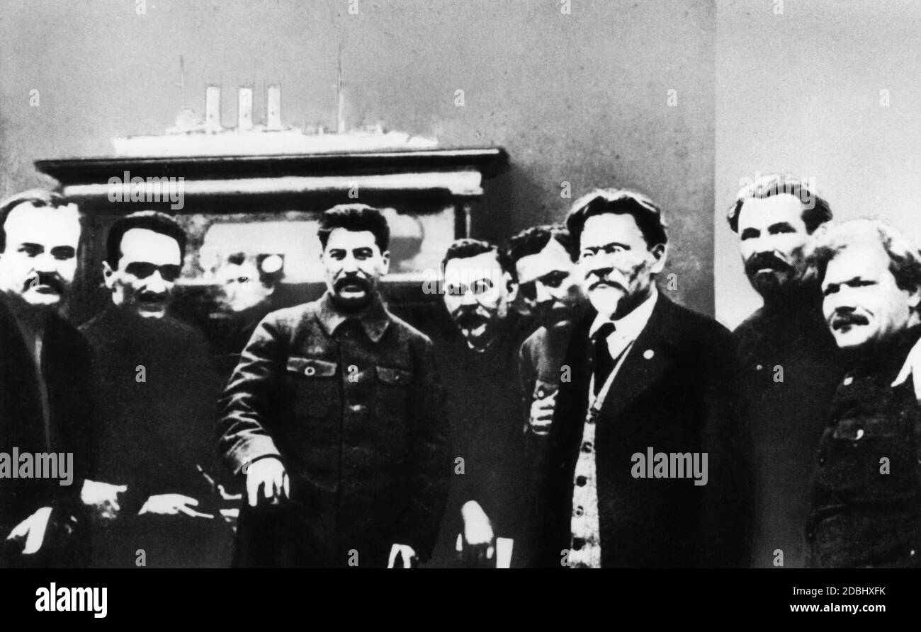 After Stalin had won the party's internal power struggle and sent Trotsky into exile, his path to dictatorship was predetermined. The picture shows the leadership of the CPSU assembled on the occasion of Kalinin's birthday. Rykov and Kamenev both fell victim to the Stalinist purges. Stock Photo