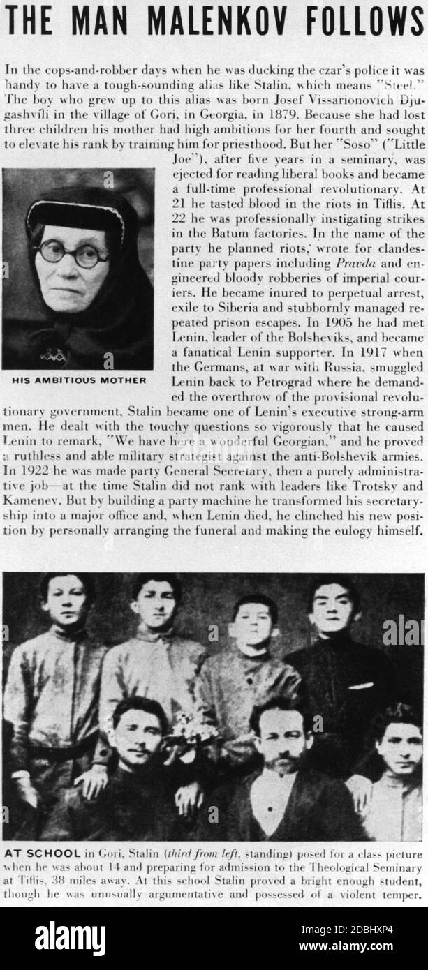 A newspaper article reports on Stalin's life up to the death of Lenin. It shows his mother and Stalin with schoolmates (third from left). (undated photo) Stock Photo
