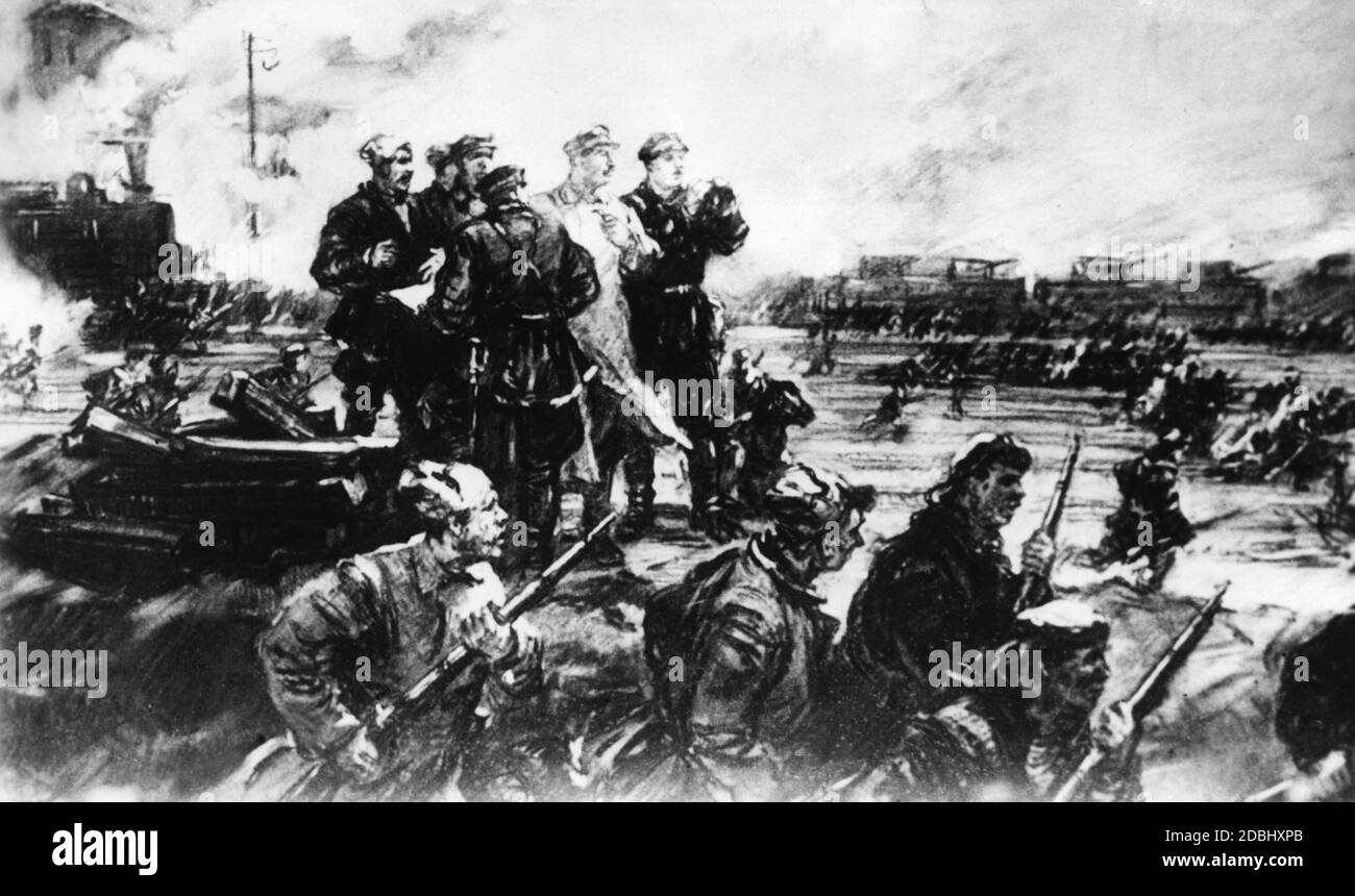 A propagandistic drawing of the Battle of Tsaritsyn shows Stalin among soldiers of the Bolshevik Red Army.  The city of Tsaritsyn was later renamed Stalingrad. Stock Photo