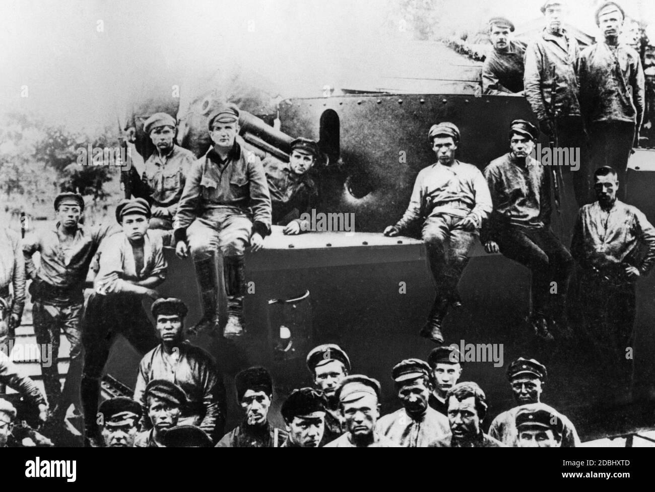 Soldiers of the newly formed Red Army in the spring of 1918. It is the crew of an armored train, which was characterized by particularly bold attacks on the Belarusian armies. Stock Photo