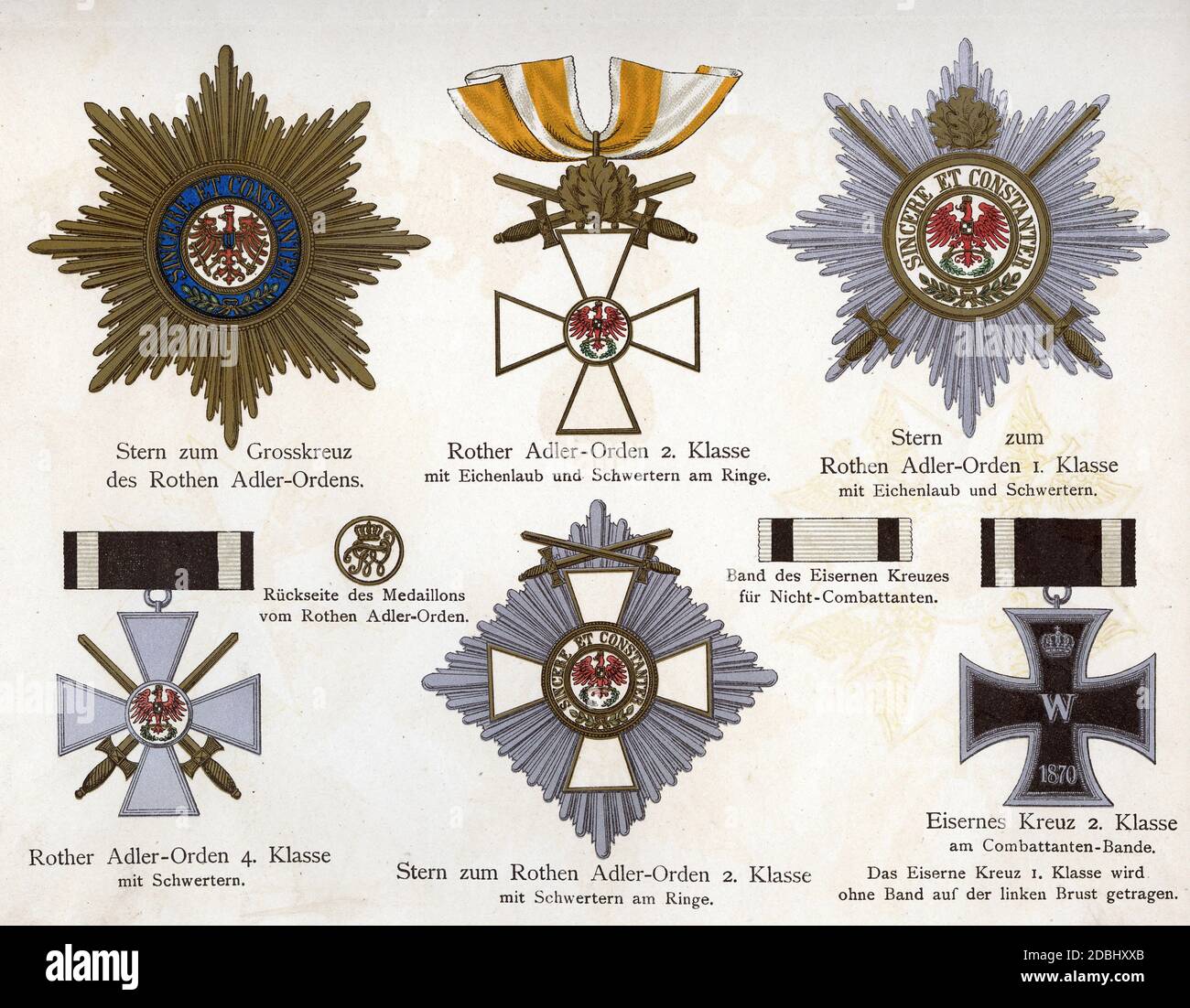 'Prussian orders and decorations: Star of the Grand Cross of the Order of the Red Eagle (motto ''Sincere et Constanter''), Order of the Red Eagle 2nd class with oak leaves and swords on the ring, Star of the Order of the Red Eagle 1st class with oak leaves and swords, Order of the Red Eagle 4th class with swords, reverse of the medallion of the Order of the Red Eagle, Star of the Order of the Red Eagle 2nd Class with swords on the ring, ribbon of the Iron Cross for Non-Combatants, Iron Cross 2nd Class on the Combatants' Ribbon (motto ''Sincere et Constanter'') and the Iron Cross 1st Class Stock Photo