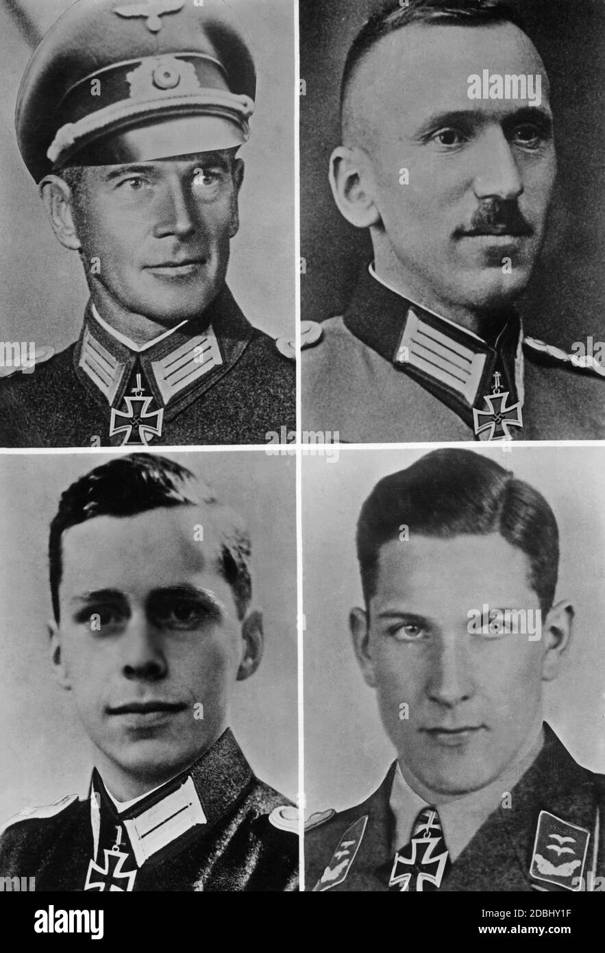 From top left to bottom right: Colonel Willibald Utz Gebirgsjaegerregiment 100, 21.05.1941, Lieutenant Colonel August Wittmann Gebirgsartillerieregiment 95, 21.06.1941, First Lieutenant Winrich Behr 3./Aufklaerungsabteilung 3, 15.05.1941, First Lieutenant Heinrich Eppen, 1./Stuka Geschwader 3, 05.07.1941, with the Knight's Cross. The date refers to the date of bestowal. Stock Photo
