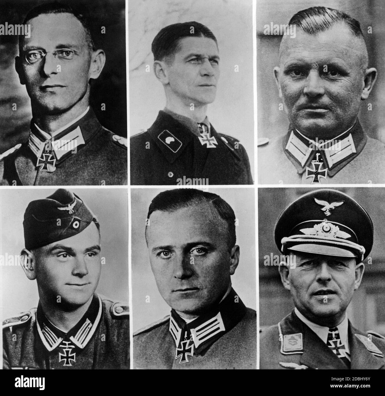 Lieutenant Colonel Karl Britzelmayr, Major Franz Gnaden, Colonel Johann Block, Sergeant Dietrich Koch, Major Guenther Nentwig and Major Max Hecht with the Knight's Cross. The date indicates the date of awarding. Stock Photo