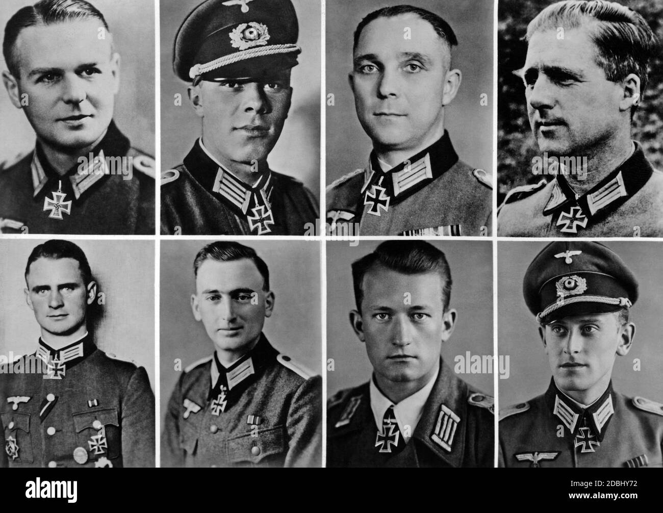 From top left to bottom right: Lieutenant Colonel Franz Klitsch, Lieutenant Johannes Schilling, Major Franz Baeke, Lieutenant Colonel Richard Daniel, Lieutenant Colonel Walter Mix with the Knight's Cross. The date indicates the date of awarding. Stock Photo