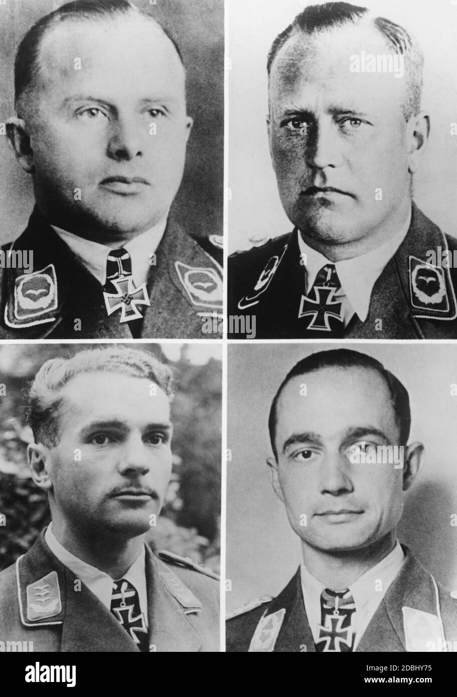 From left to right: Major Joachim Hahn, Kampfgruppe 606, Major Edgar Petersen, I./KG 40, Captain Walter Storp, II./KG 76 and Major Friedrich Kless, II./KG 55, with the Knight's Cross. The date indicates the date of awarding. Stock Photo