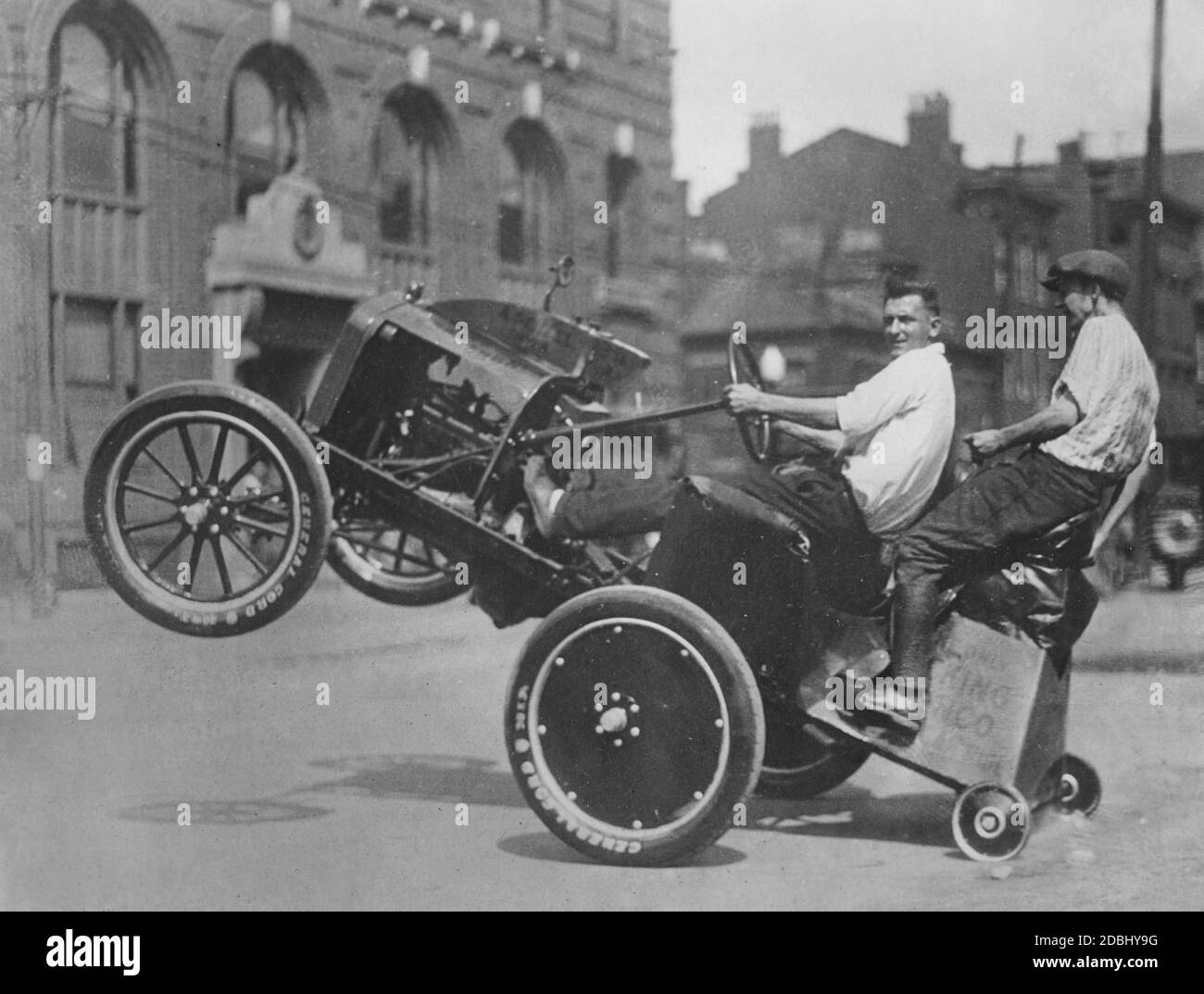 'The so-called ''Eisenpferd'' (''iron horse'') is a specially constructed vehicle that can make jumps similar to the rodeo. It has a saddle and a bridle for the passenger sitting in the back. It was built by Alfred Pelzel, a young man from Cincinnati, Ohio, who recommends the vehicle to soccer players.' Stock Photo