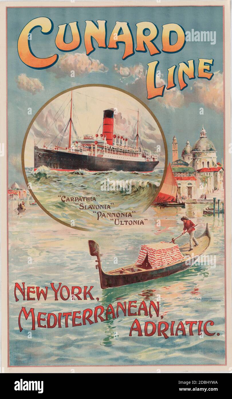 Travel poster advertising Cunard Line cruises from New York to the Mediterranean and Adriatic, New York, NY, circa 1910. (Photo by US Immigration and Naturalization Service/National Archives/RBM Vintage Images) Stock Photo
