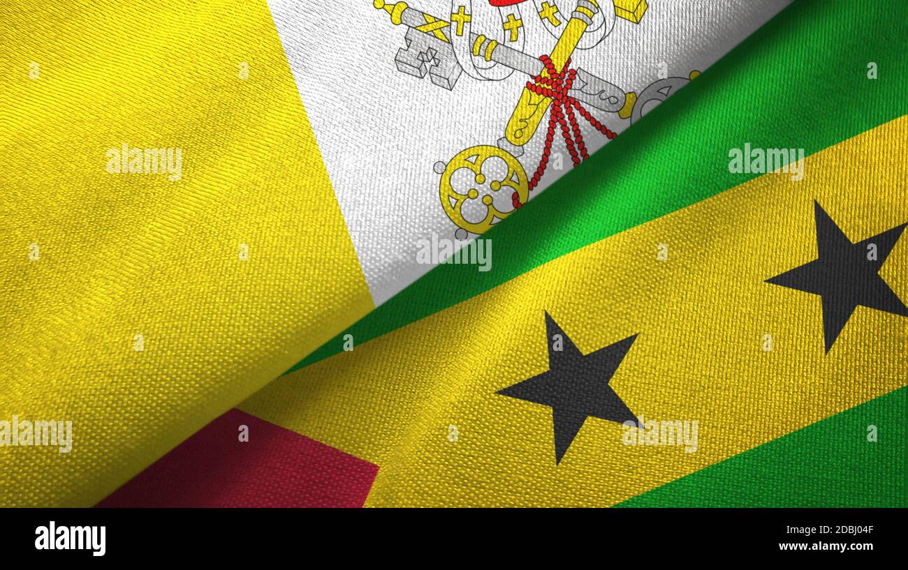 Vatican and Sao Tome and Principe two flags textile cloth, fabric texture Stock Photo