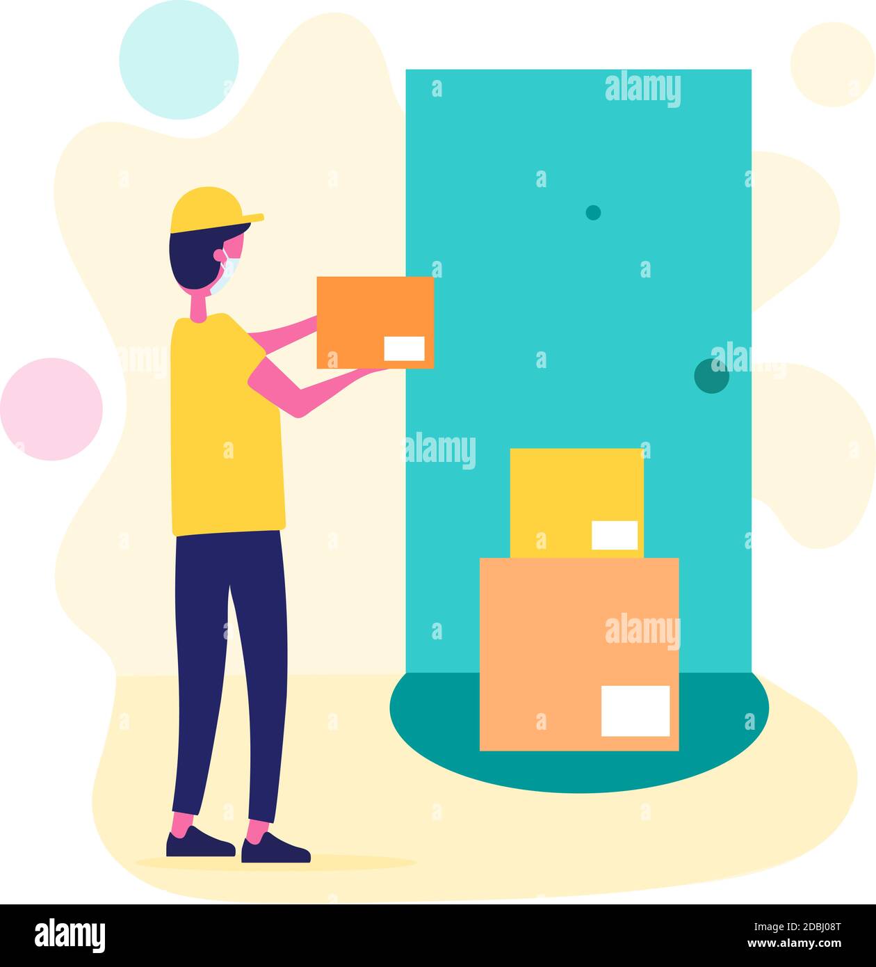 Courier in a medical mask delivers orders. Concept for safe delivery service. Stay at home concept. Quarantine and prevention of spread of coronavirus Stock Vector