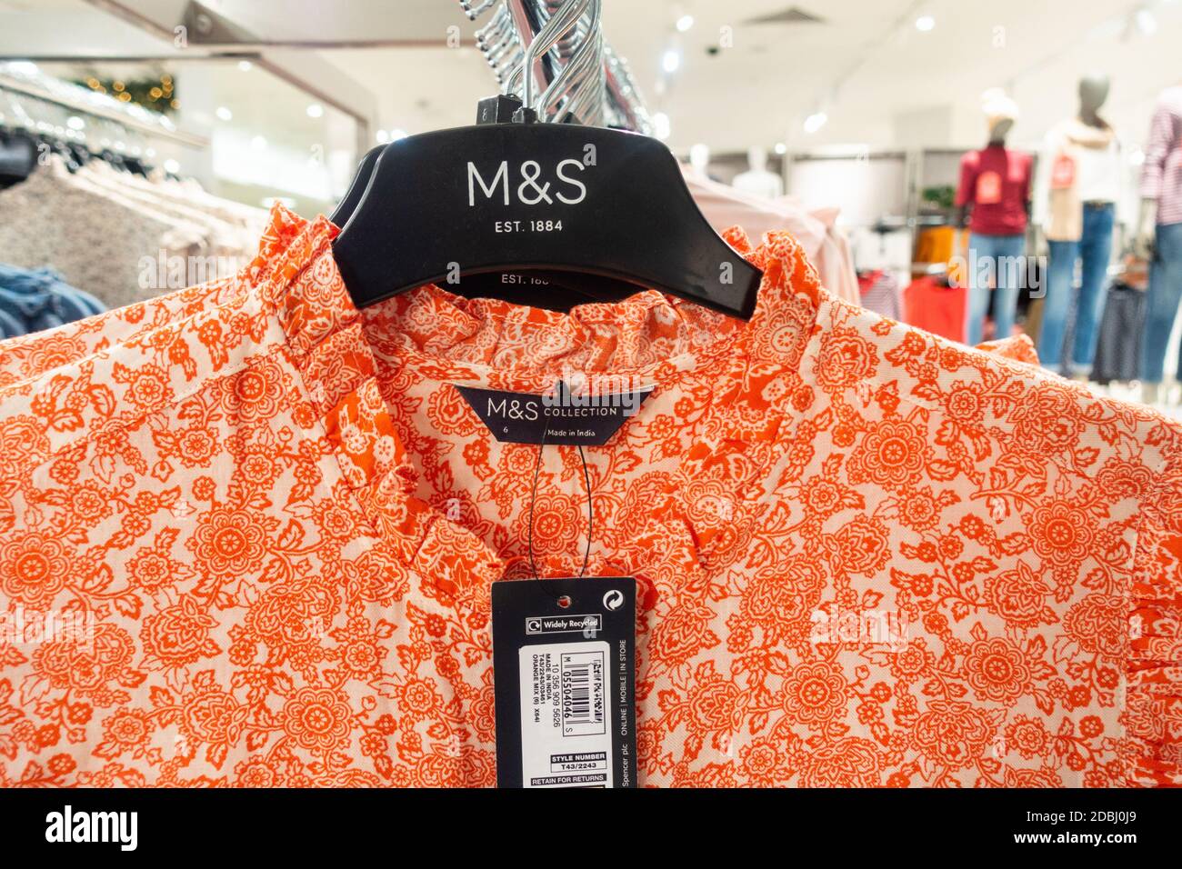 Womens clothing with Made in India label in M&S Marks and Spencer store, England. UK Stock Photo