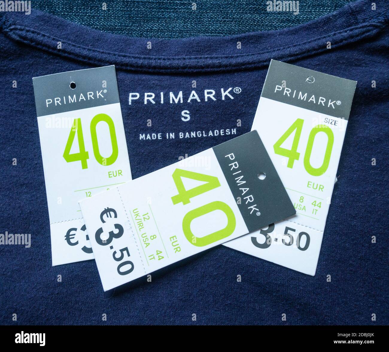 Primark T shirt made in Bangladesh with Primark size, price tags. Stock Photo