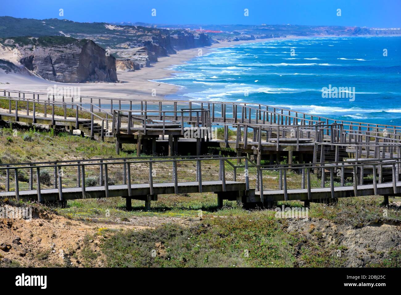 Boardwalk overlooking the Atlantic coast, Foz de Arelho, Leiria district, Portugal, Europe Stock Photo