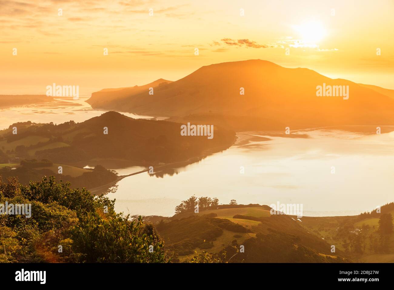 Hoopers Inlet at sunrise, Otago Peninsula, Dunedin, Otago, South Island, New Zealand, Pacific Stock Photo