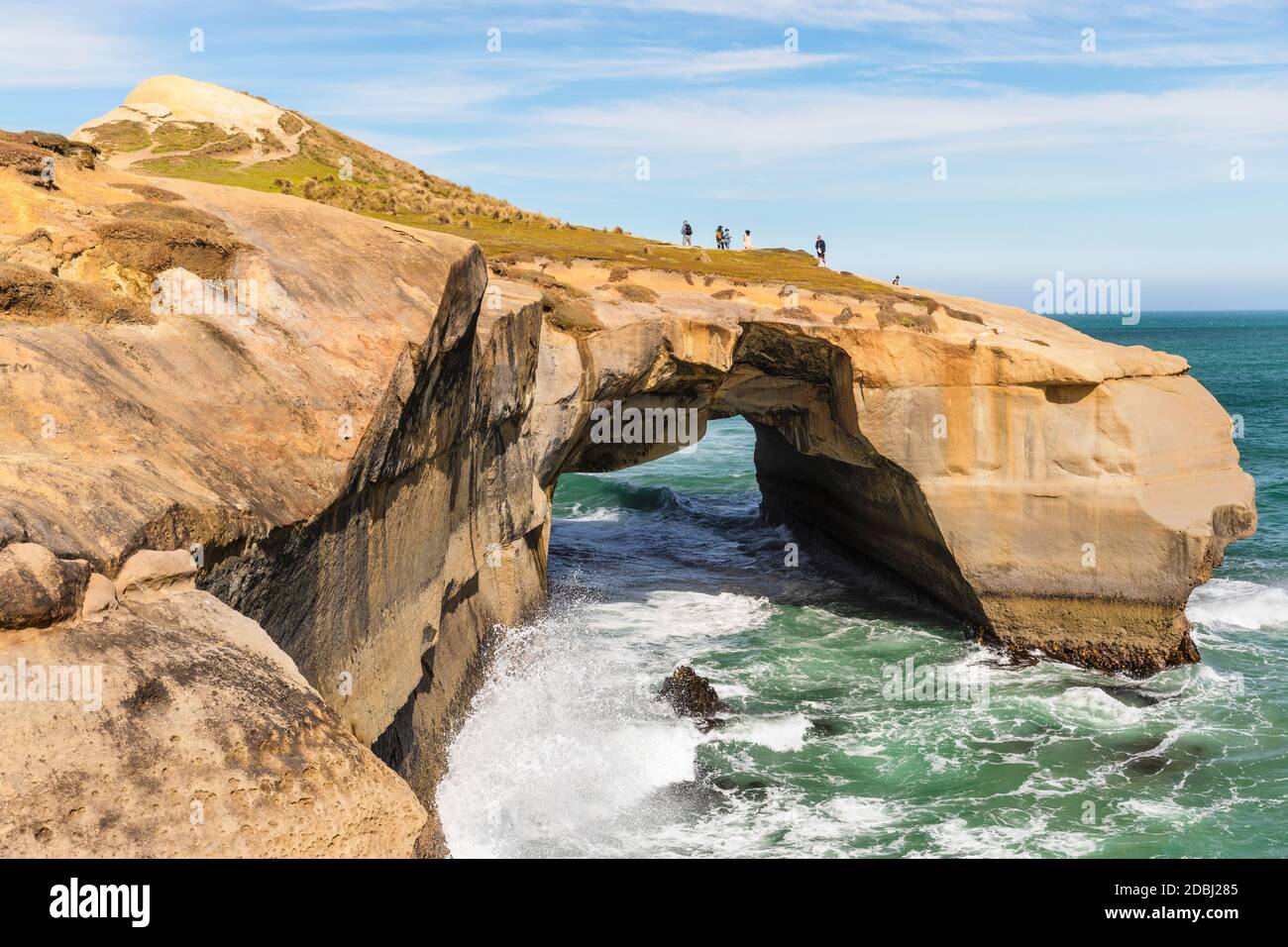 Rock formation at Tunnel Beach, Dunedin, Otago, South Island, New Zealand, Pacific Stock Photo