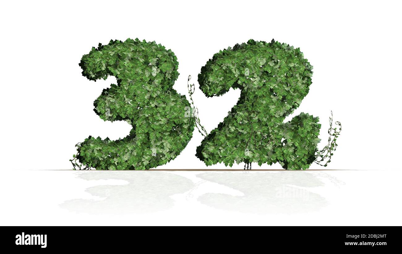 Number 32 created of green ivy leaves - isolated on a white background Stock Photo