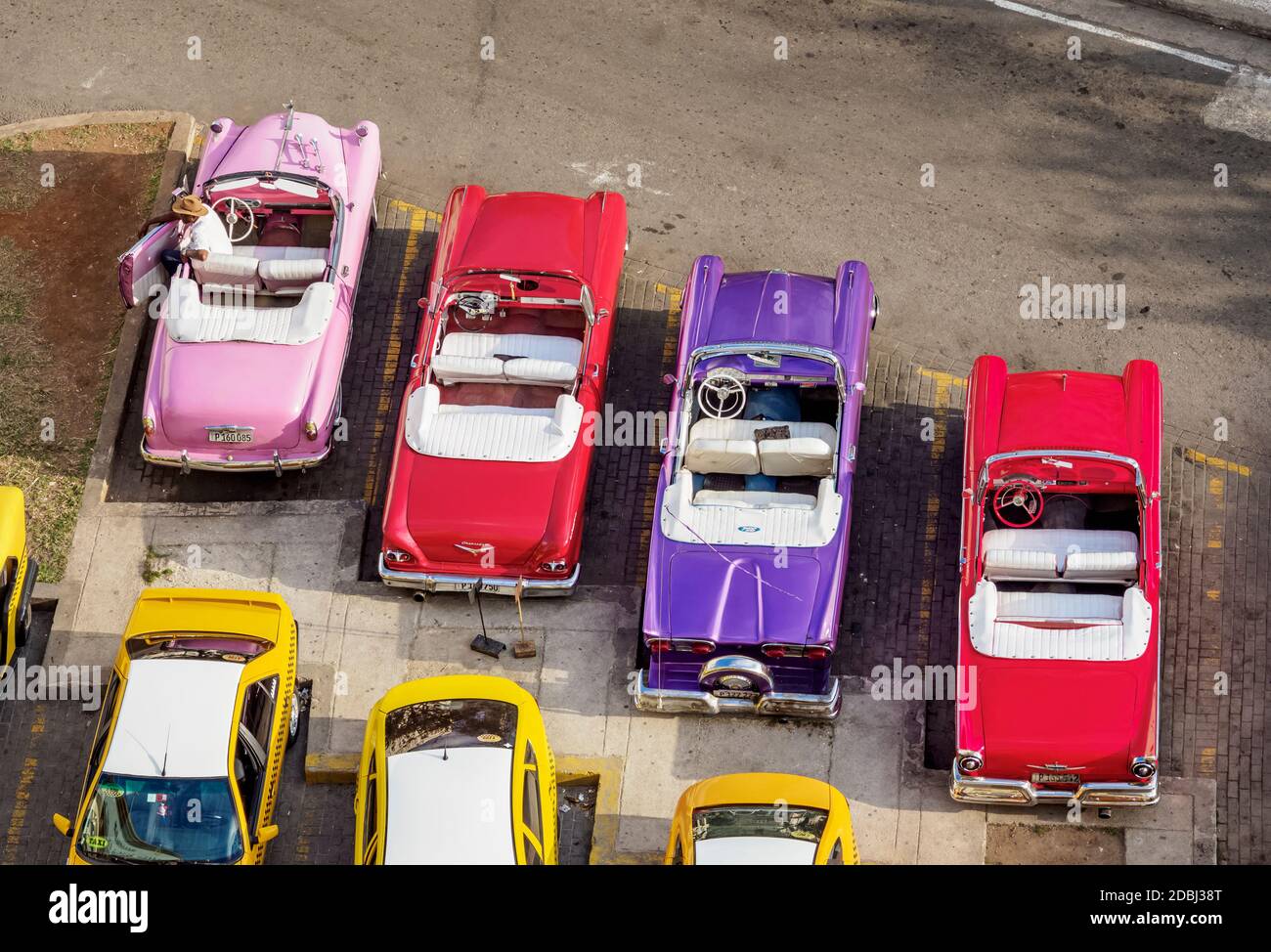 Vintage cars at Central Park, elevated view, Havana, La Habana Province, Cuba, West Indies, Central America Stock Photo