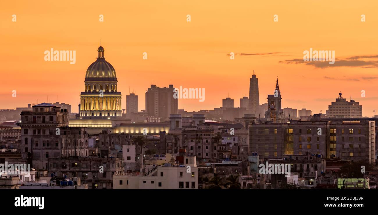 View over Habana Vieja towards El Capitolio at sunset, Havana, La Habana Province, Cuba, West Indies, Central America Stock Photo