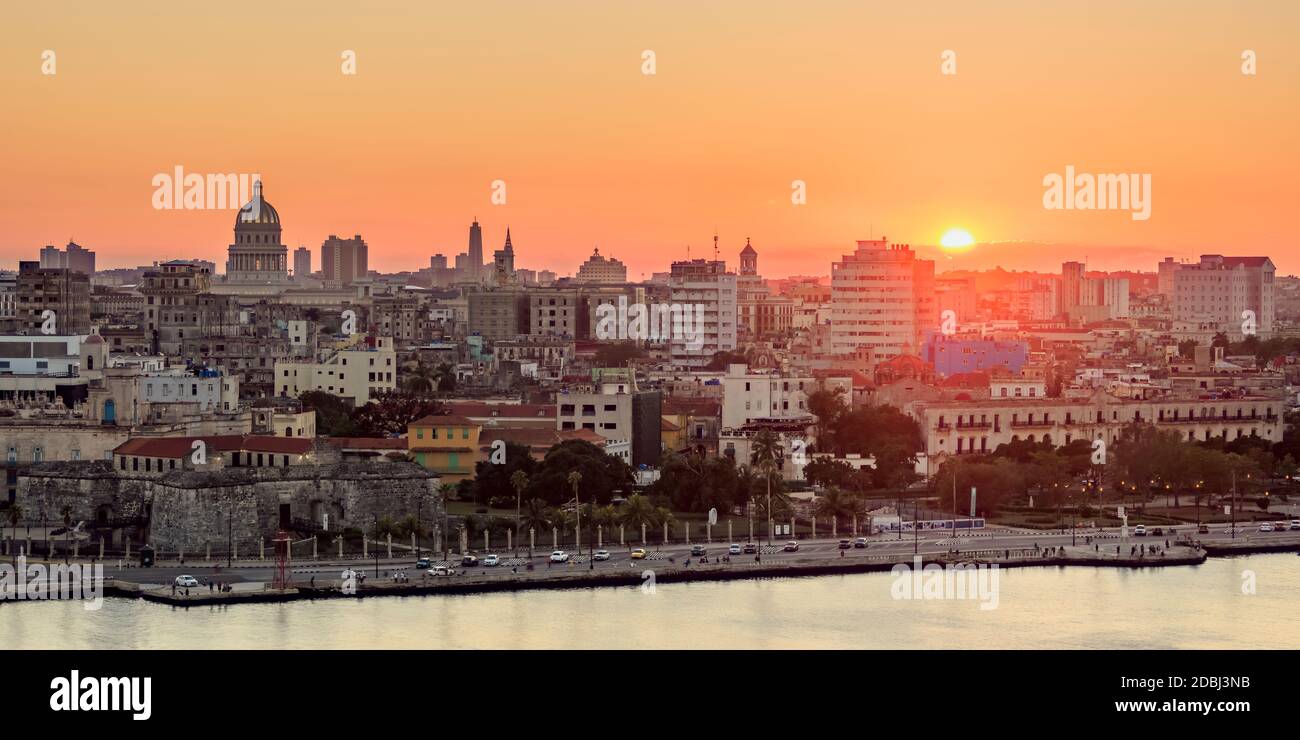 Habana Vieja at sunset, elevated view, Havana, La Habana Province, Cuba, West Indies, Central America Stock Photo